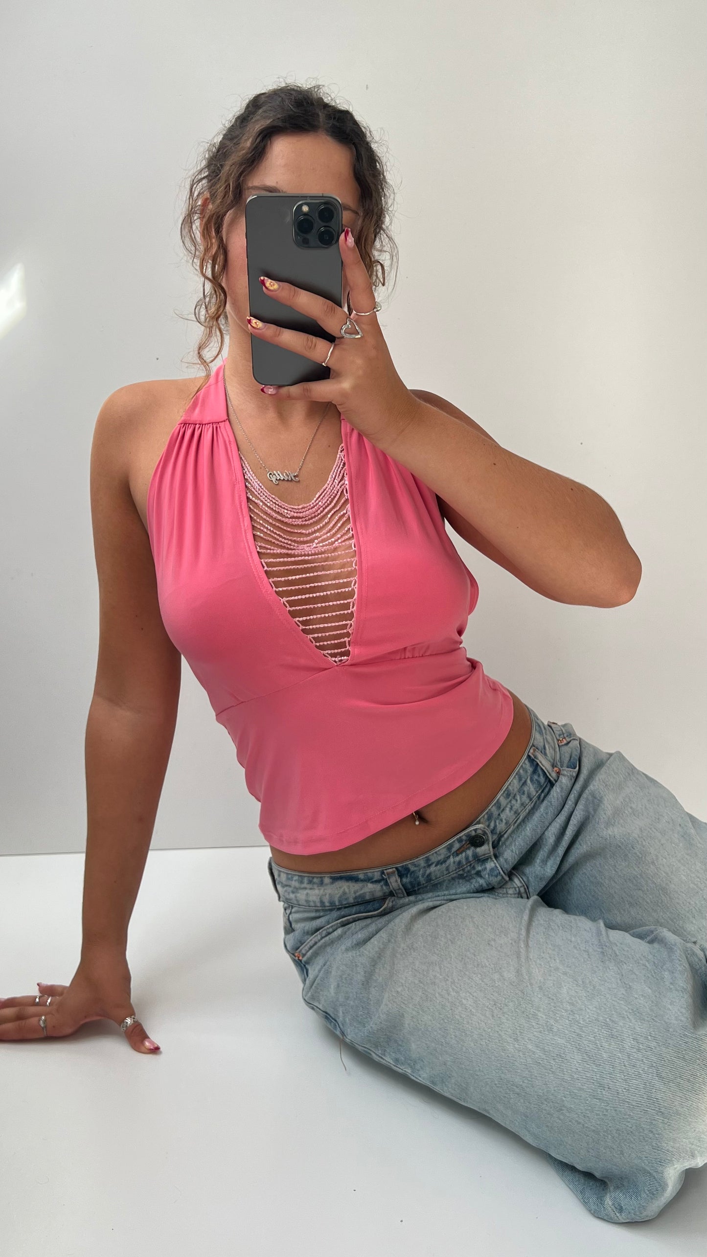 00s pink halter sequin cami- size M