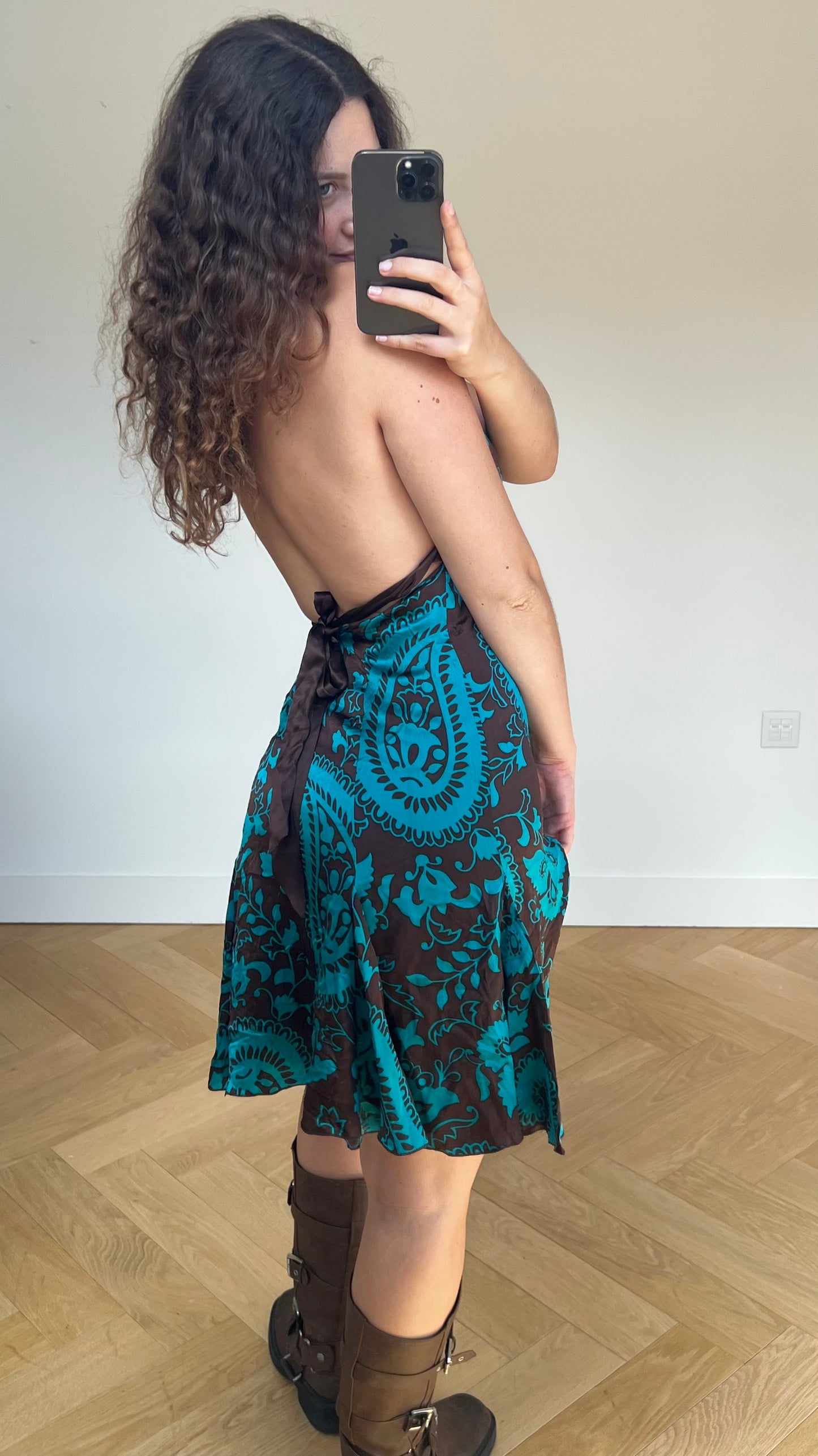 00s blue brown midi dress- size S