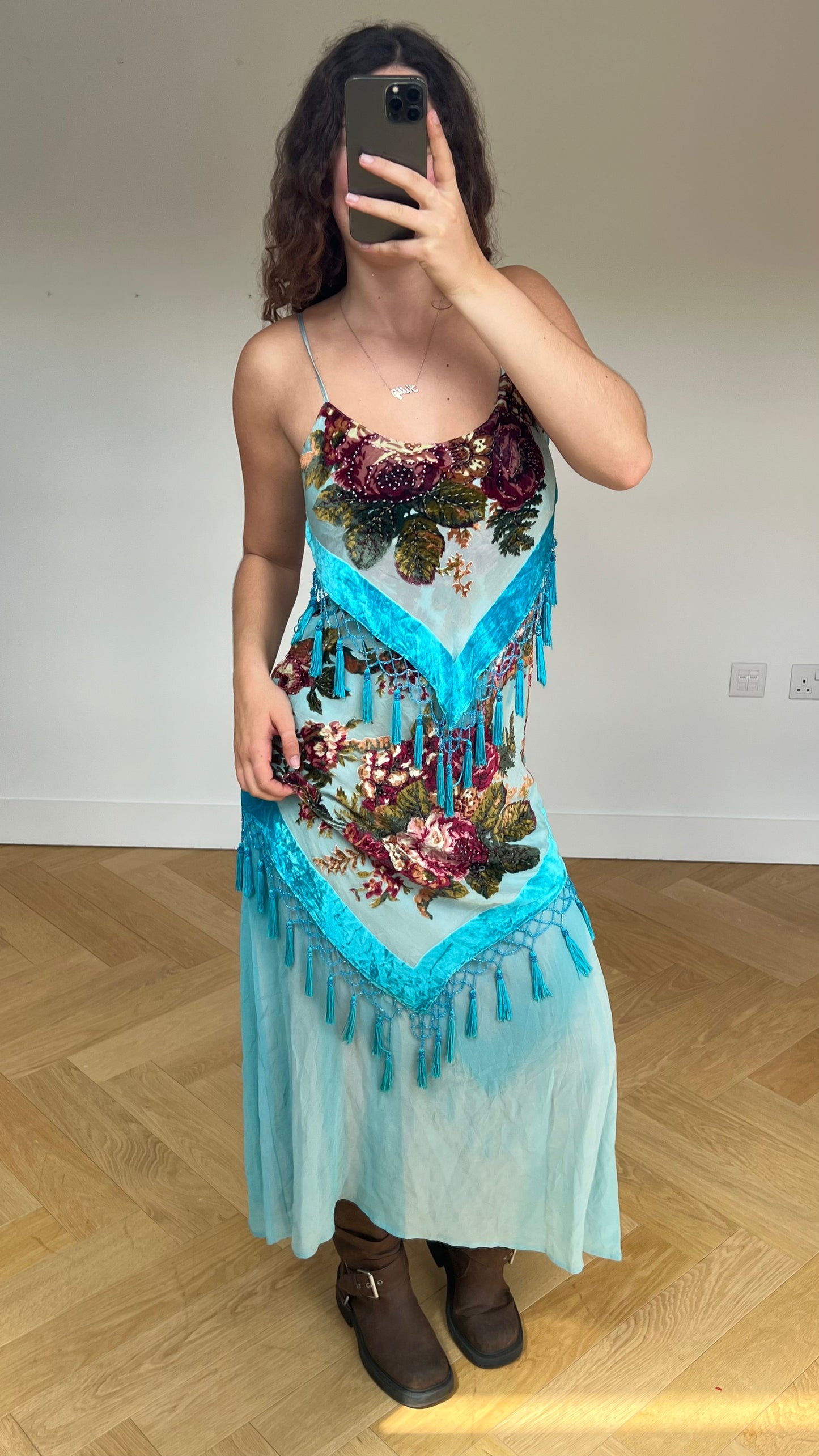 00s blue silk floral maxi dress- size S