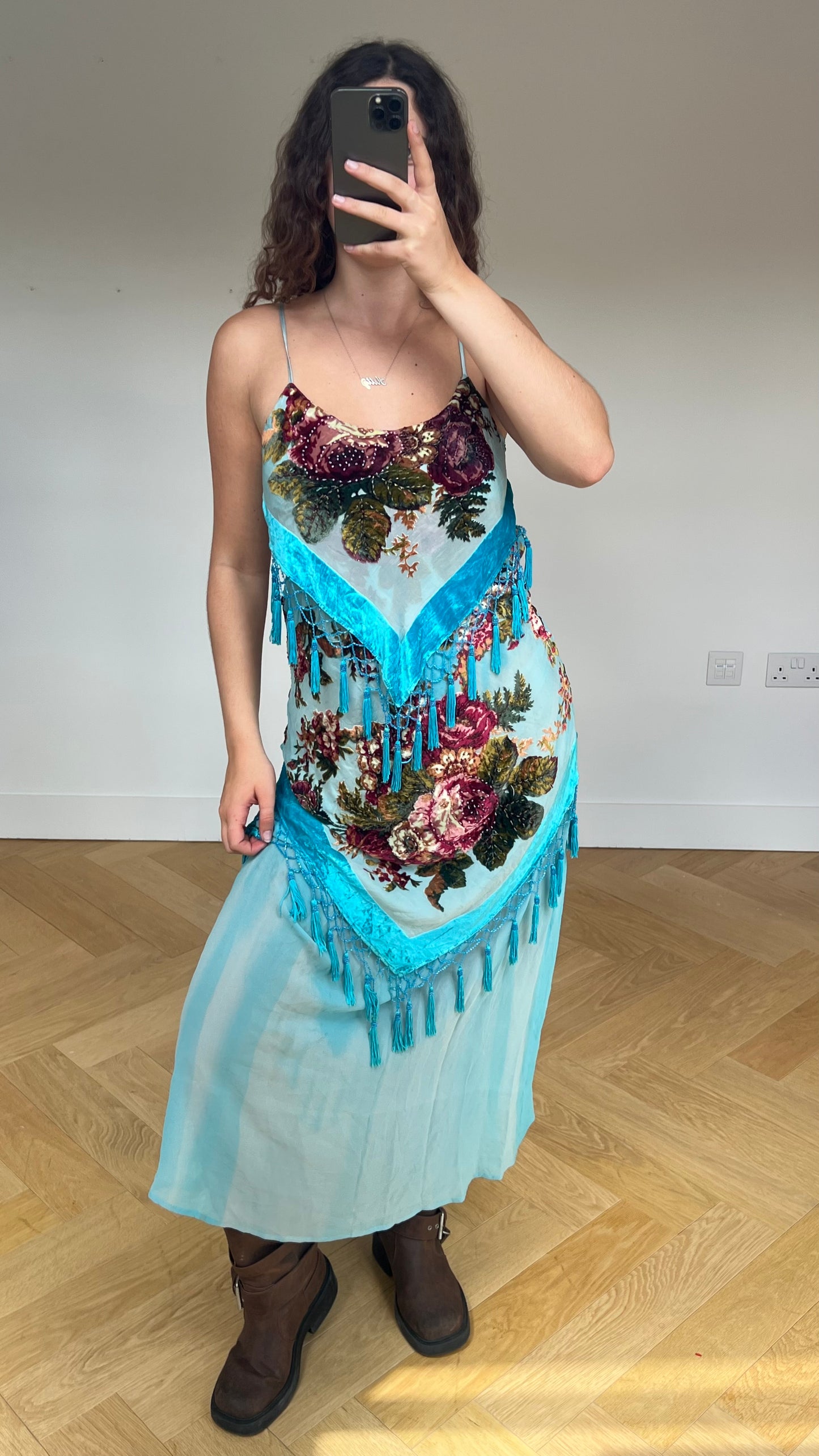00s blue silk floral maxi dress- size S