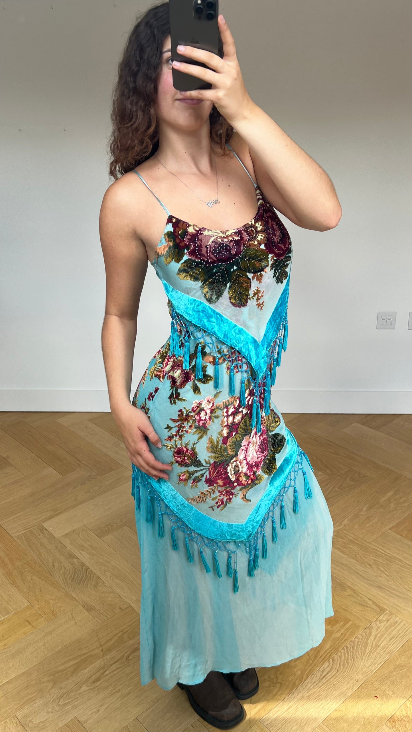 00s blue silk floral maxi dress- size S