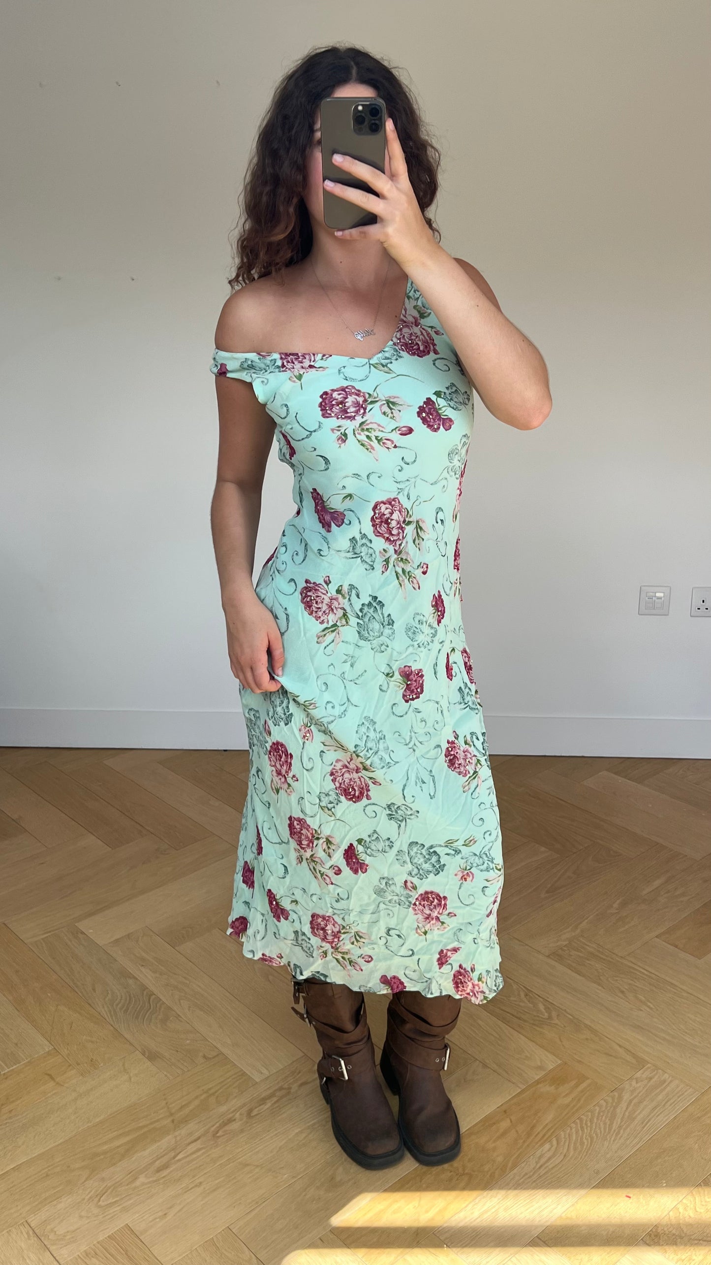 00s blue floral mesh maxi dress- size S
