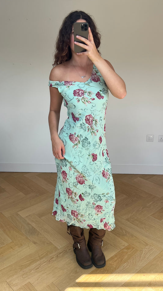 00s blue floral mesh maxi dress- size S