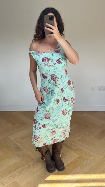 00s blue floral mesh maxi dress- size S
