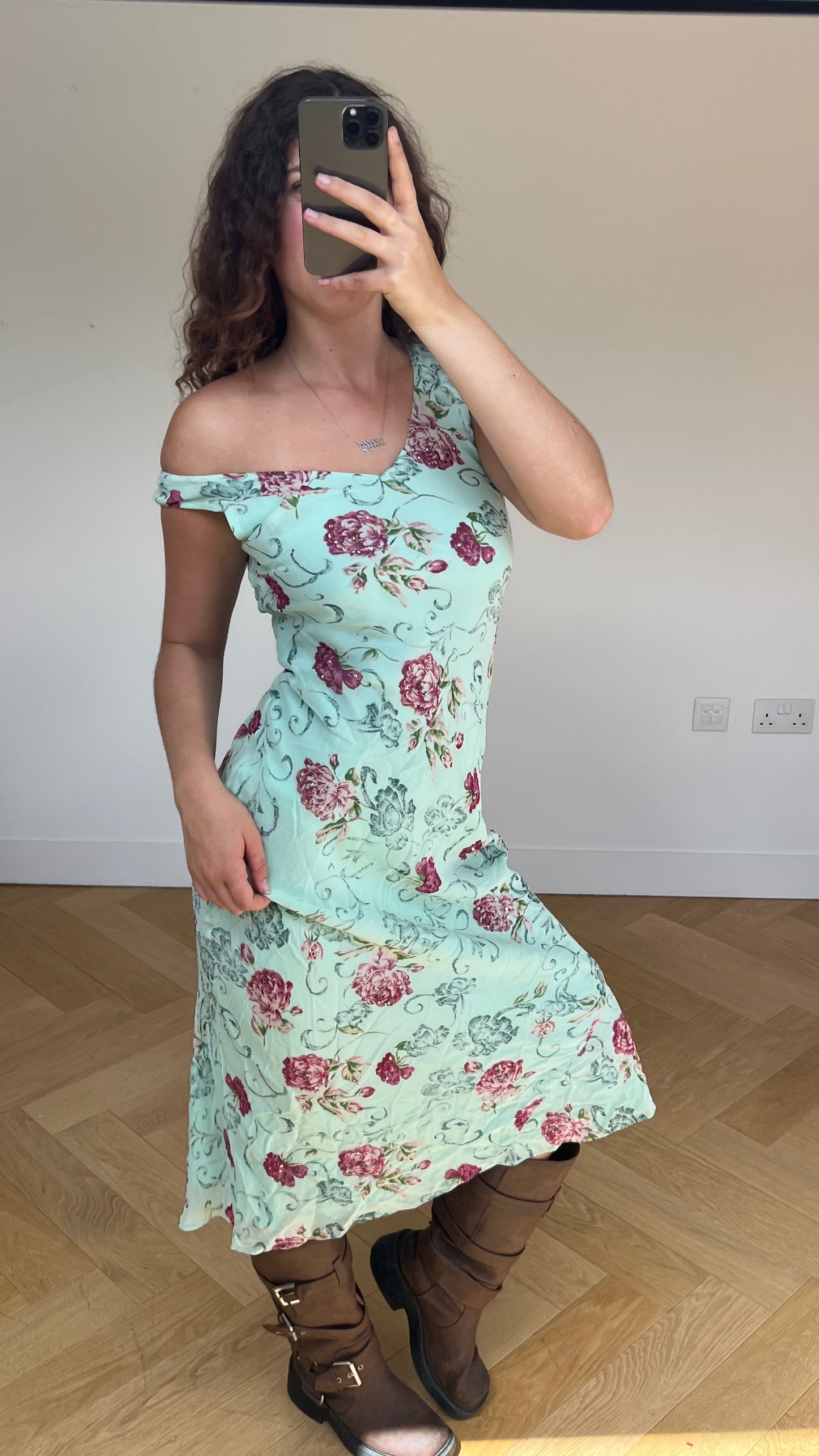 00s blue floral mesh maxi dress- size S