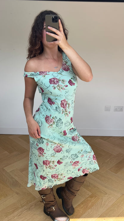 00s blue floral mesh maxi dress- size S