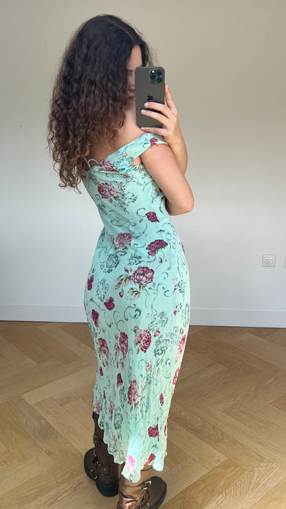 00s blue floral mesh maxi dress- size S