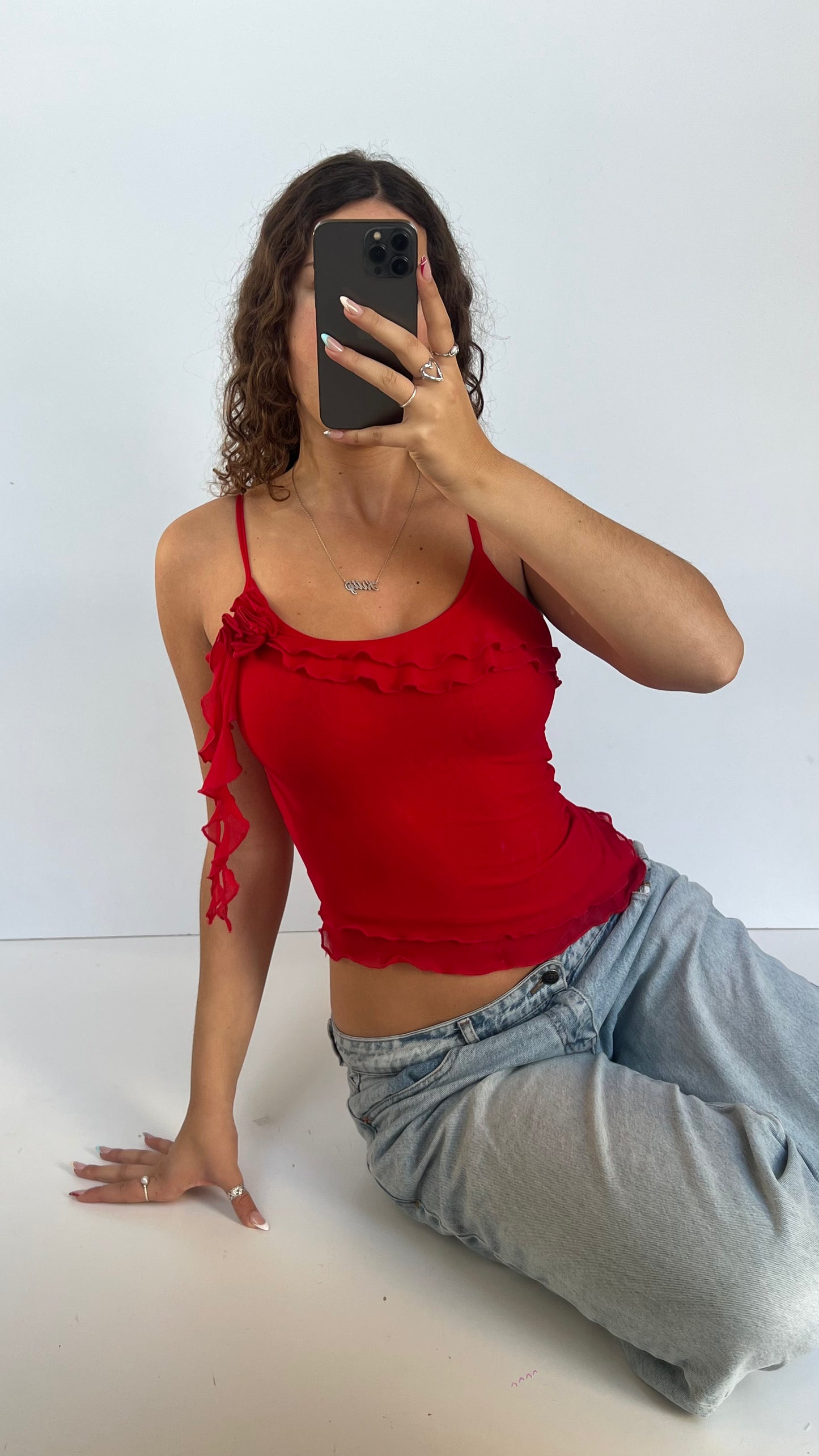 00s red mesh asymmetric cami- size S