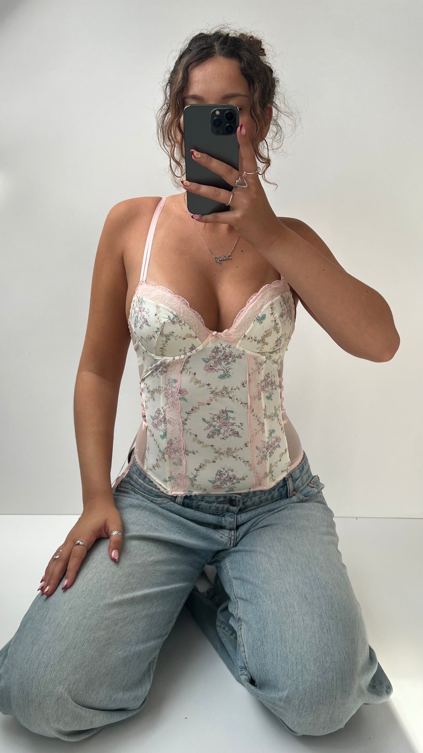 00s white pink floral corset- size S