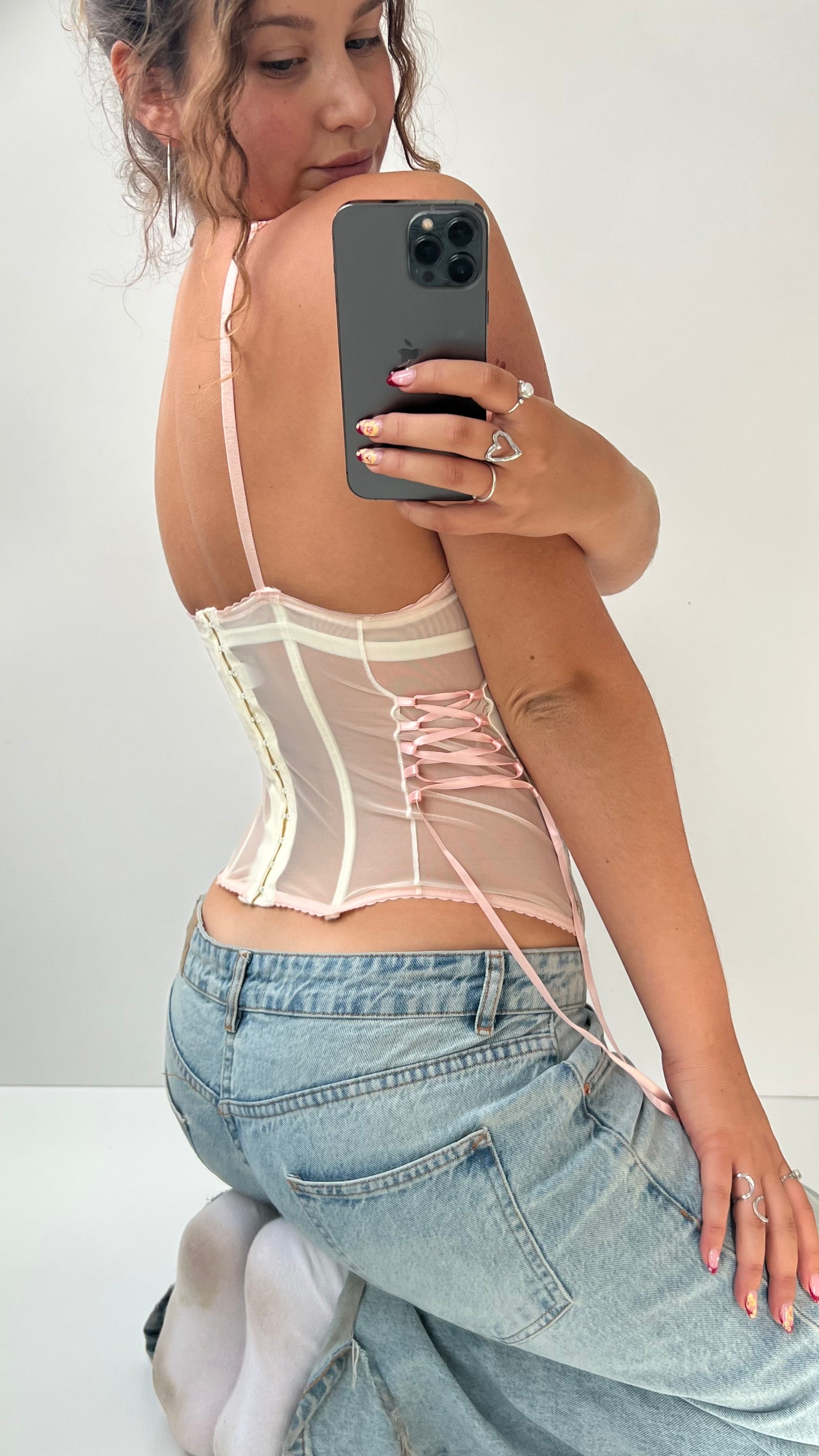 00s white pink floral corset- size S