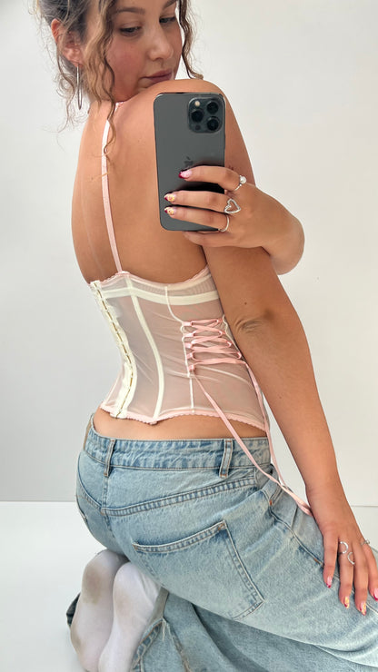 00s white pink floral corset- size S