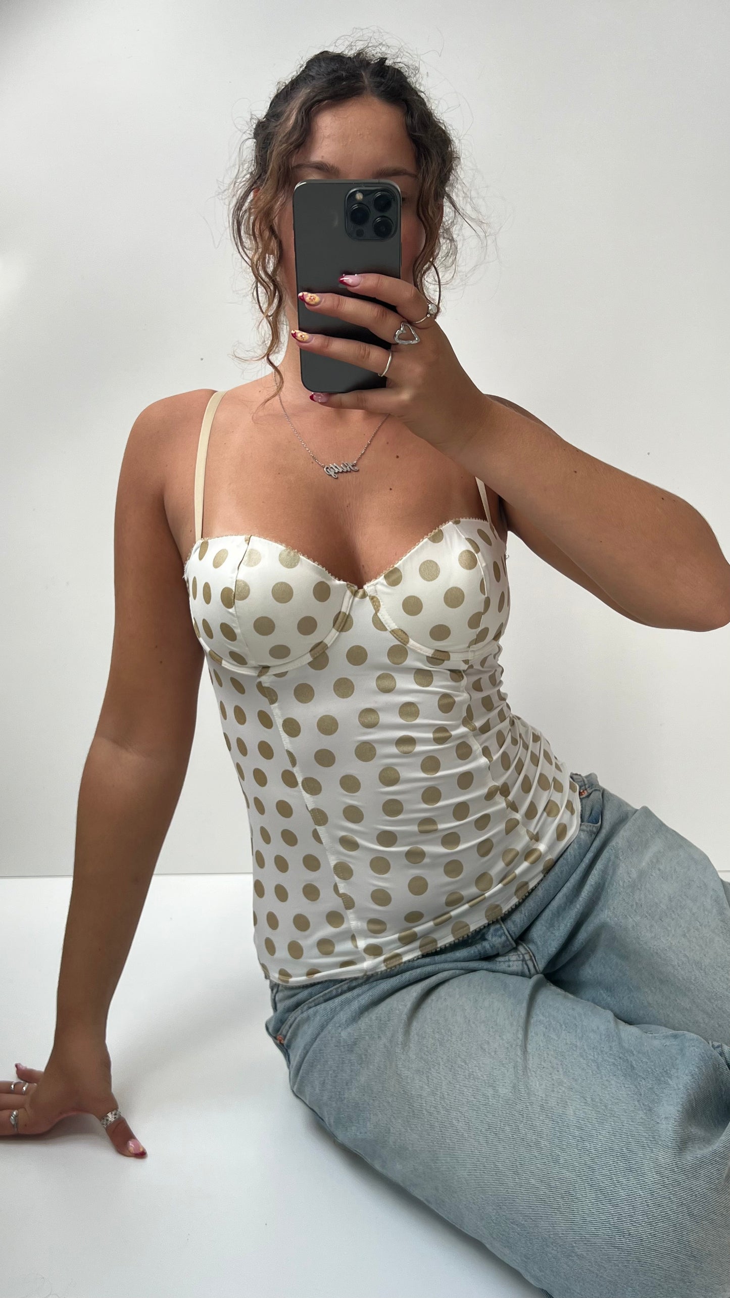 00s white gold polka dot corset- size L