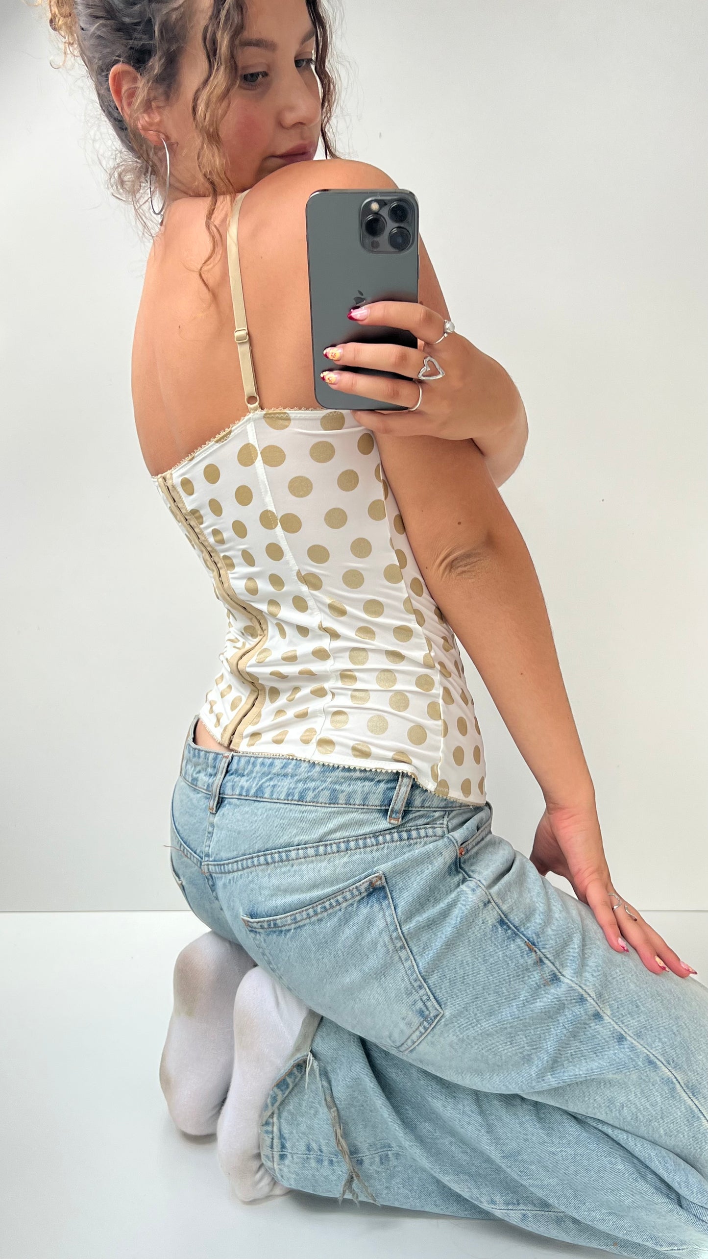 00s white gold polka dot corset- size L