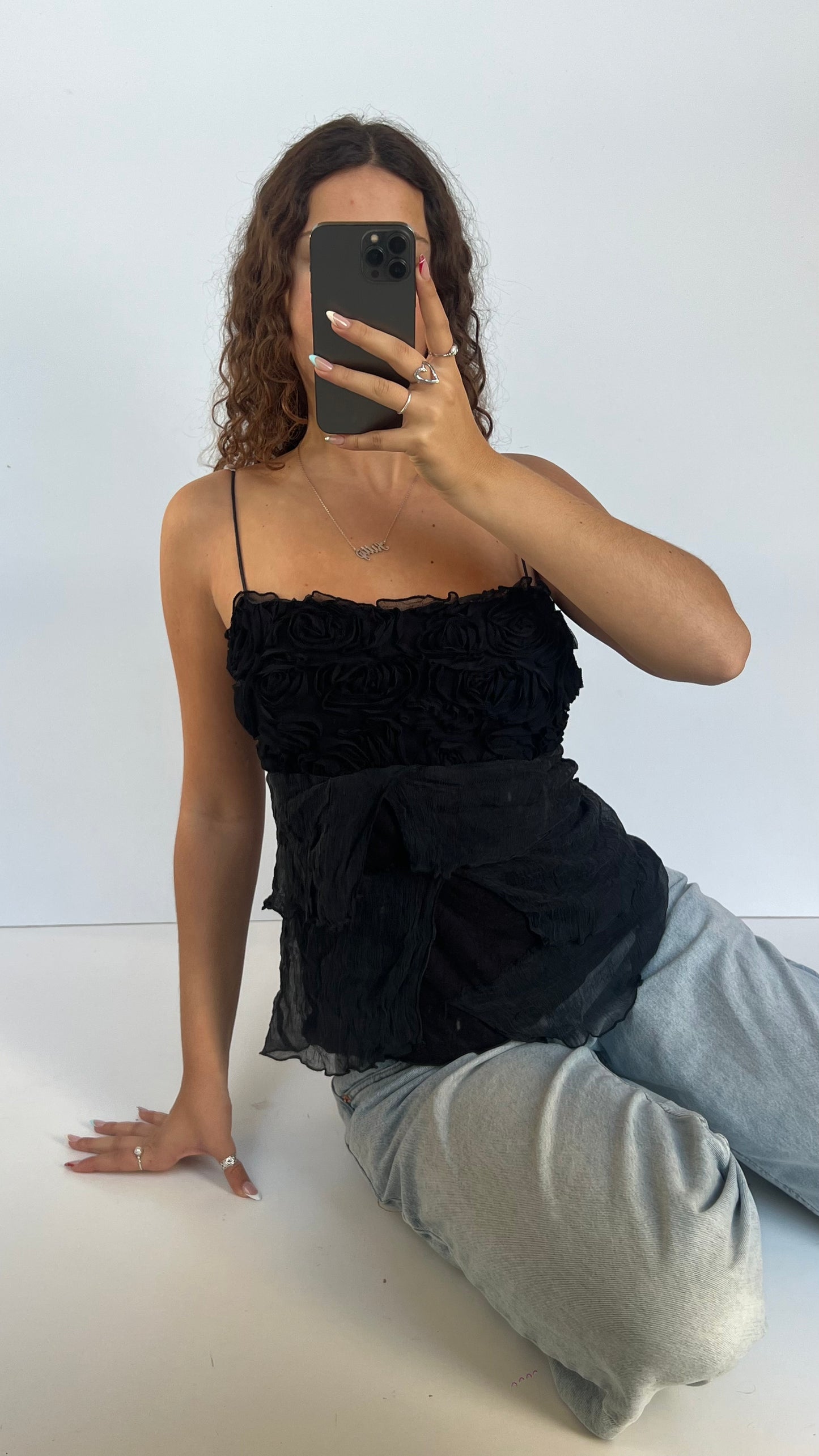 00s black ruffle cami- size M