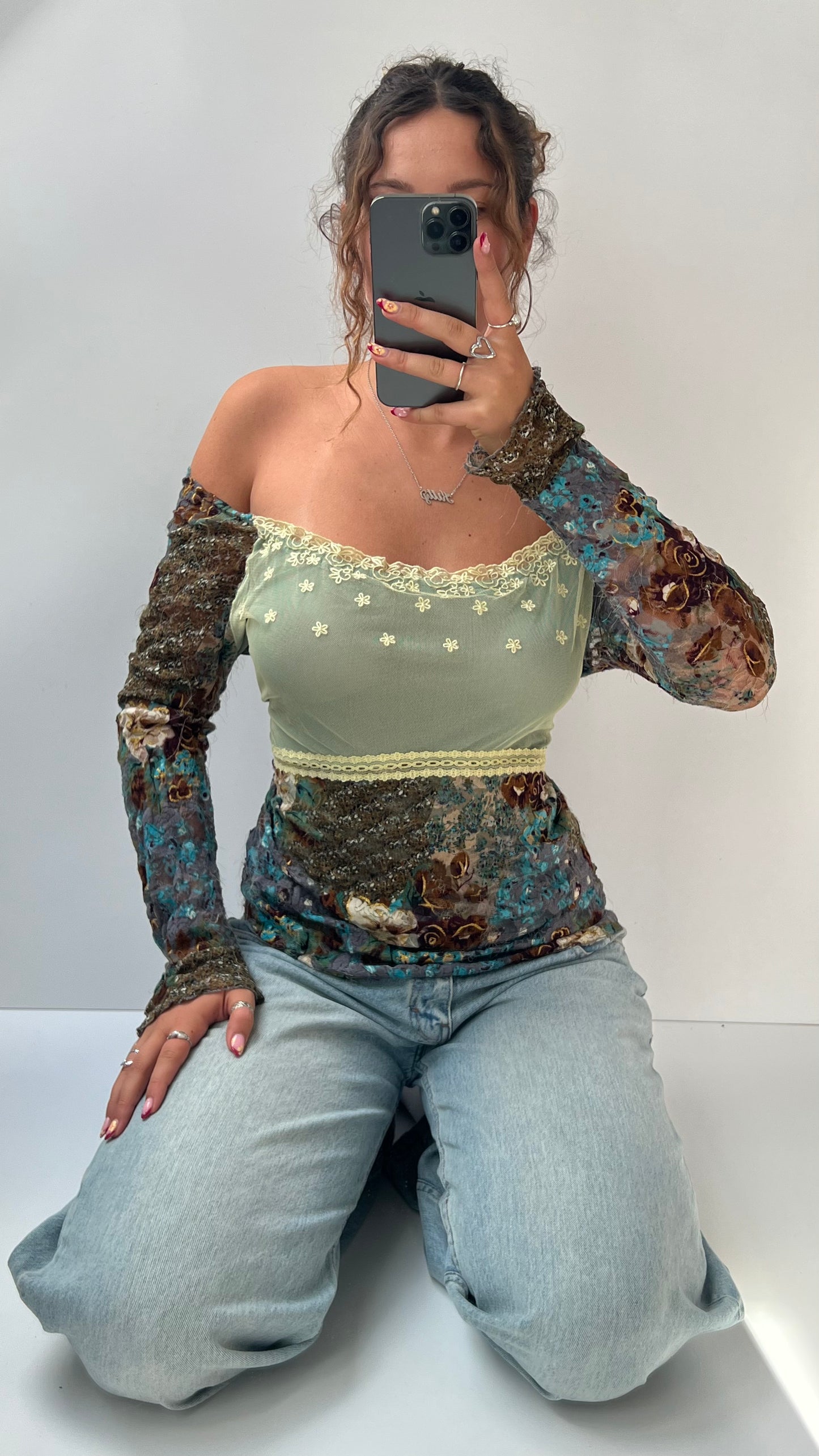 00s blue floral mesh long sleeve top- size M