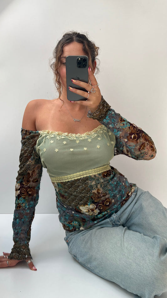 00s blue floral mesh long sleeve top- size M