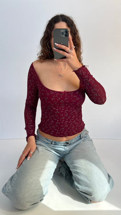 00s red floral long sleeve top- size S/M