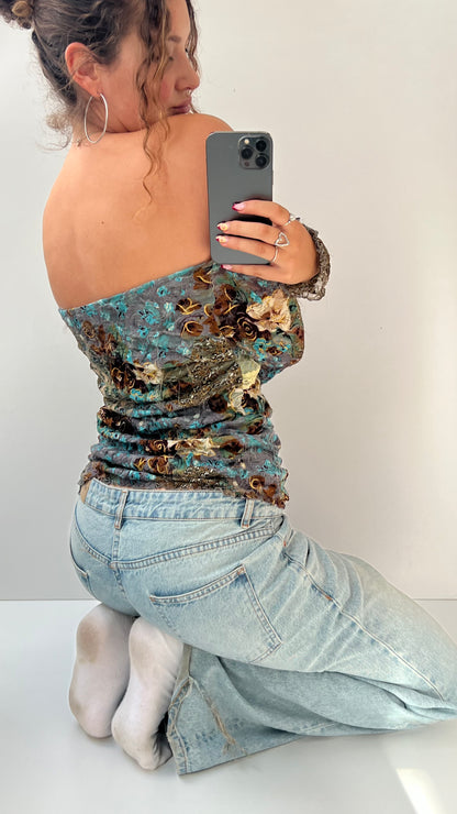 00s blue floral mesh long sleeve top- size M