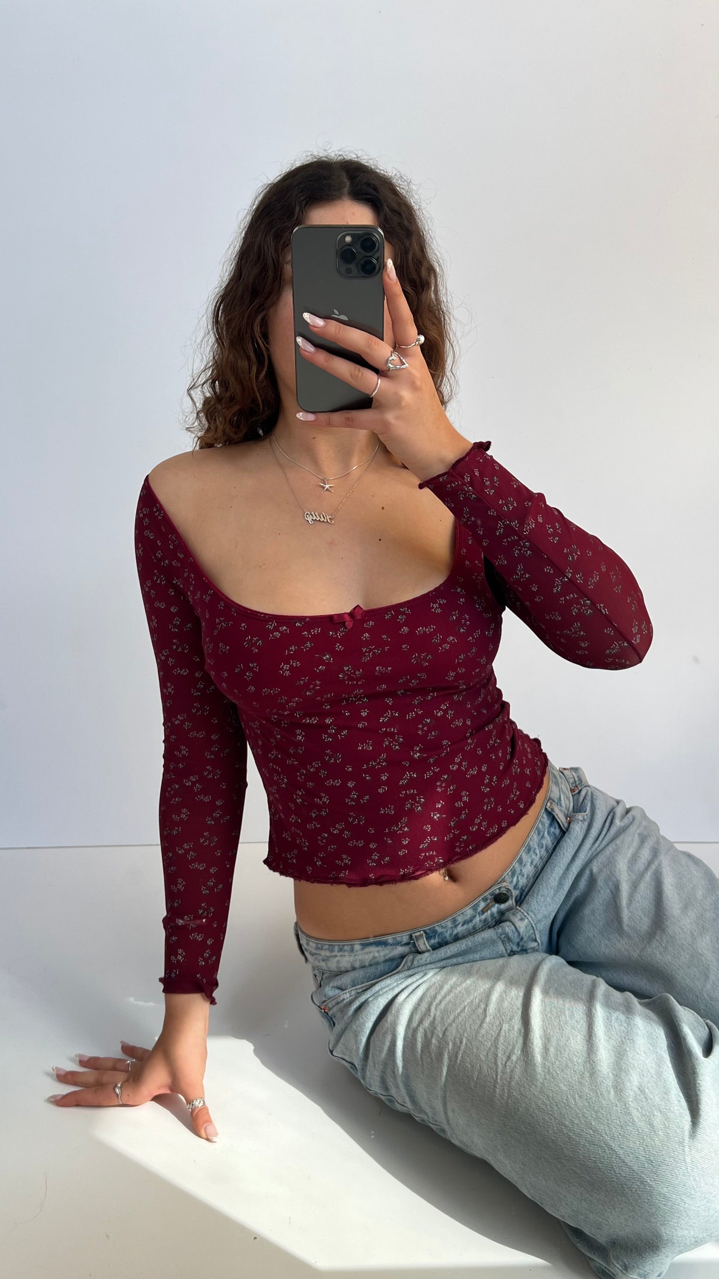 00s red floral long sleeve top- size S/M