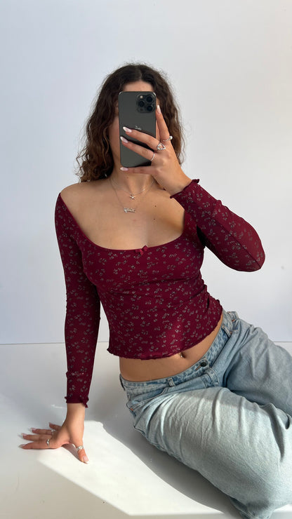 00s red floral long sleeve top- size S/M