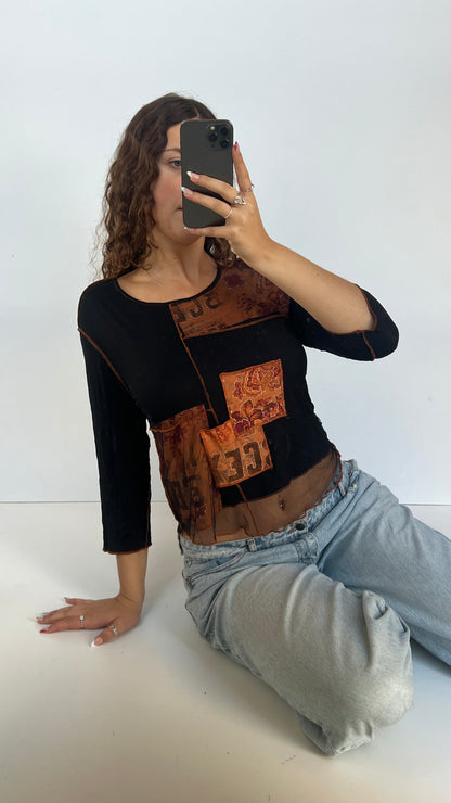 00s black orange mesh top- size L