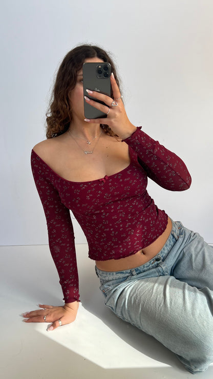 00s red floral long sleeve top- size S/M