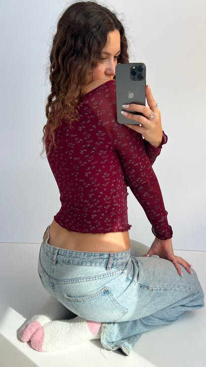 00s red floral long sleeve top- size S/M