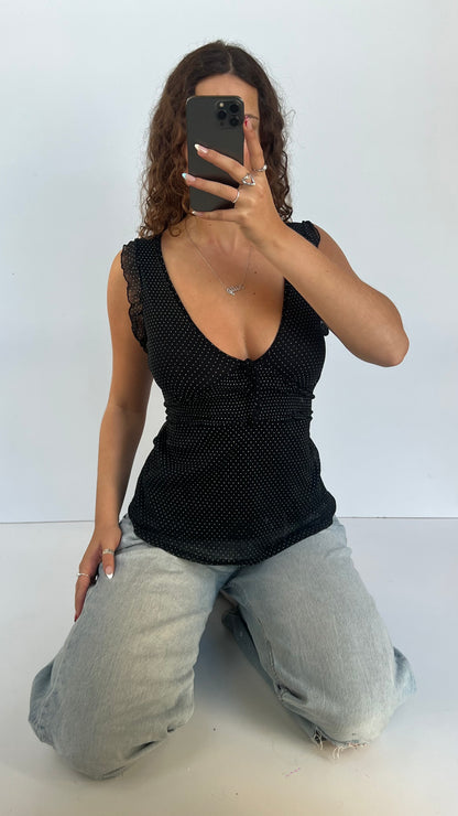 00s black polka dot top- size S/M