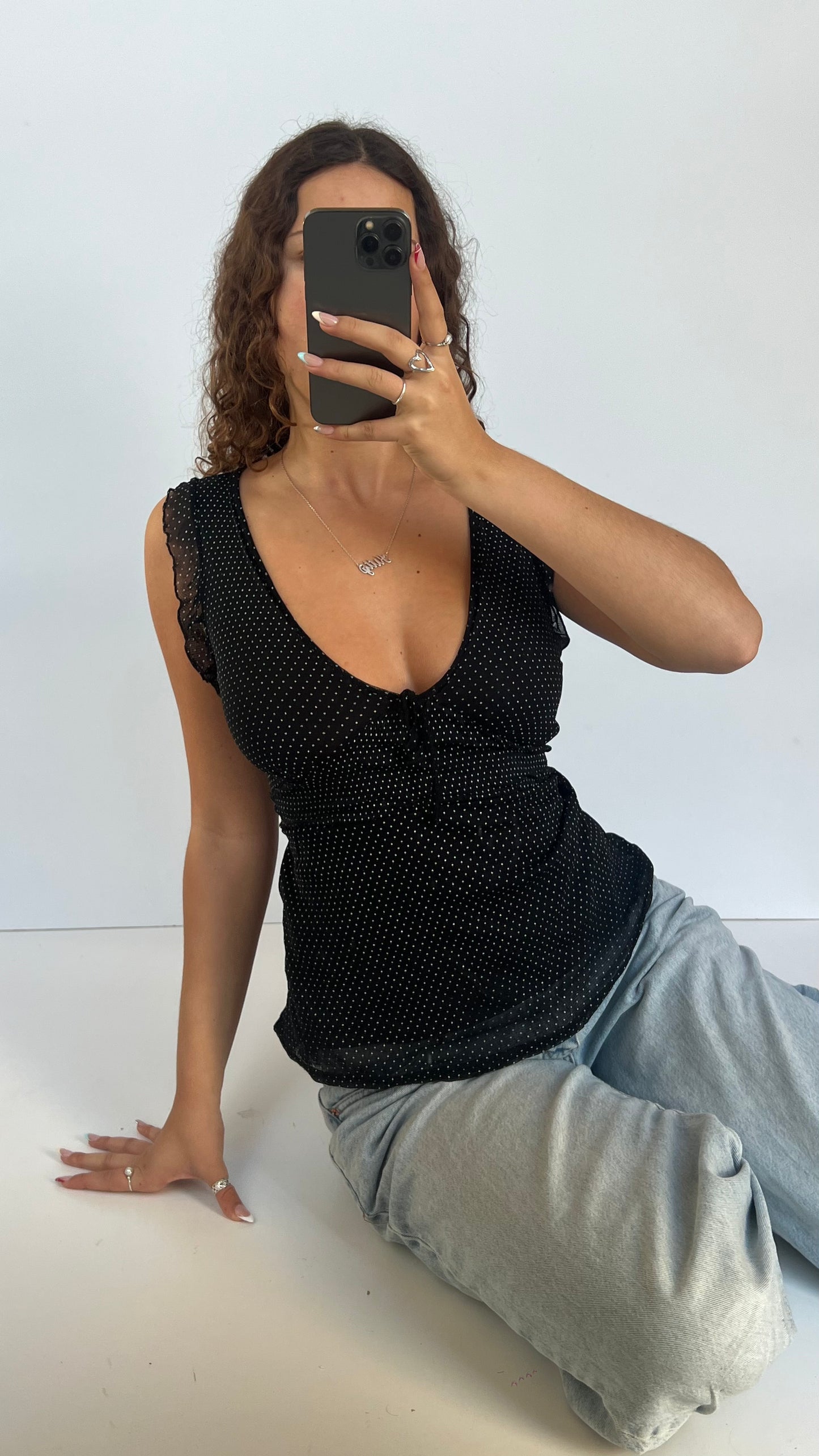 00s black polka dot top- size S/M