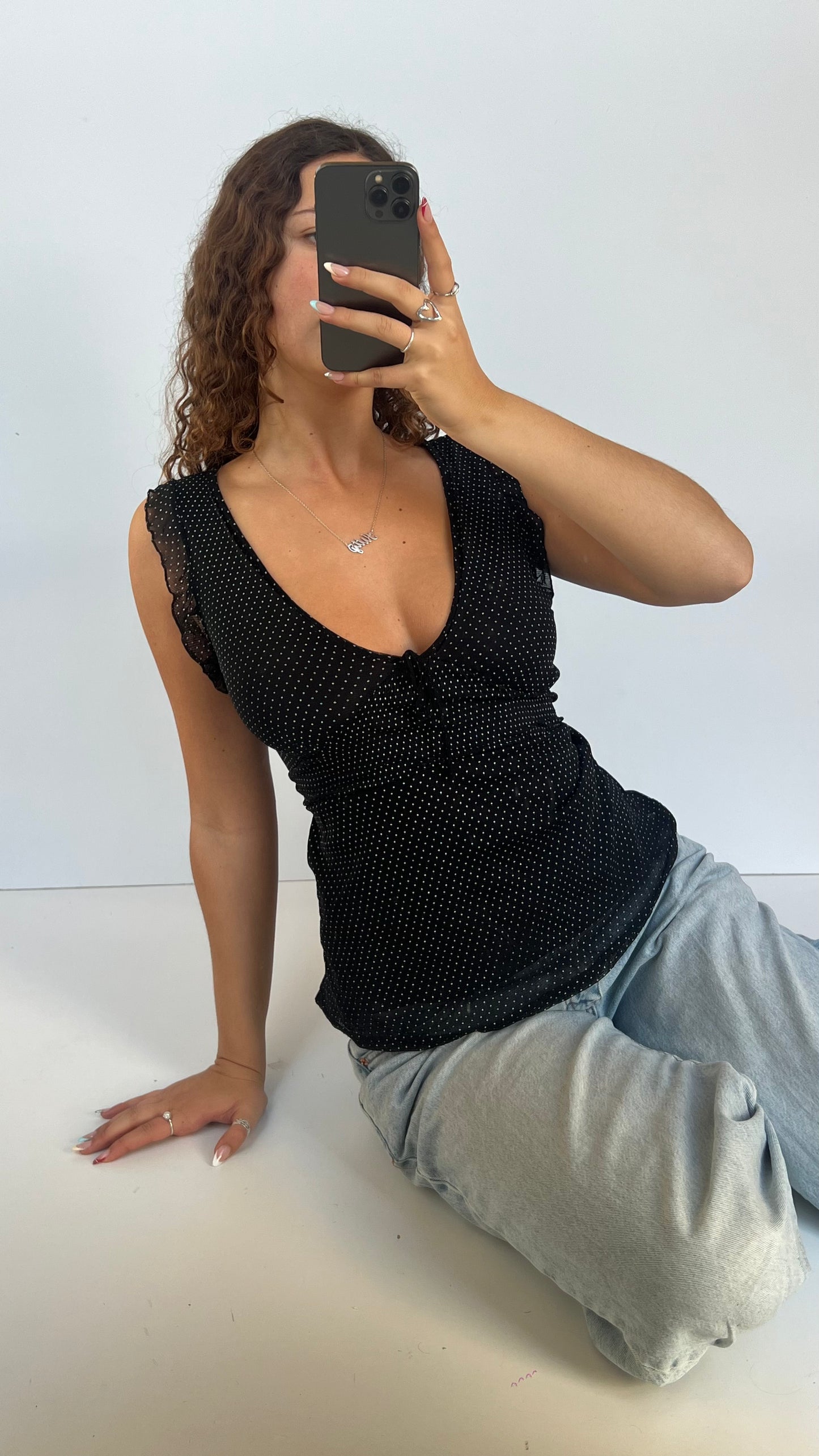 00s black polka dot top- size S/M