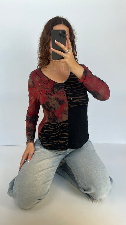 00s red black mesh top- size XL