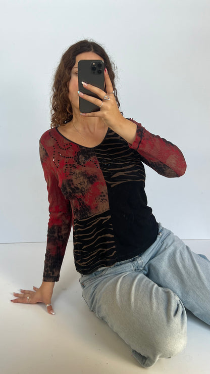 00s red black mesh top- size XL