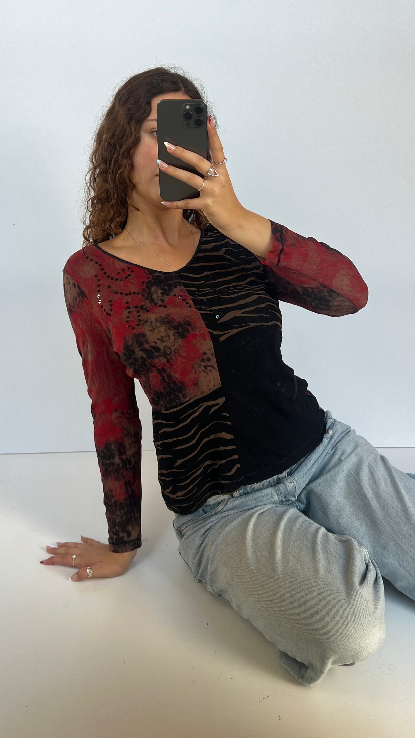 00s red black mesh top- size XL