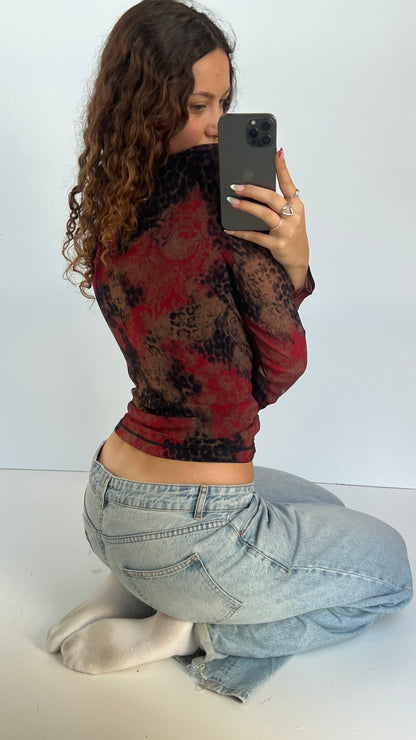 00s red black mesh top- size XL