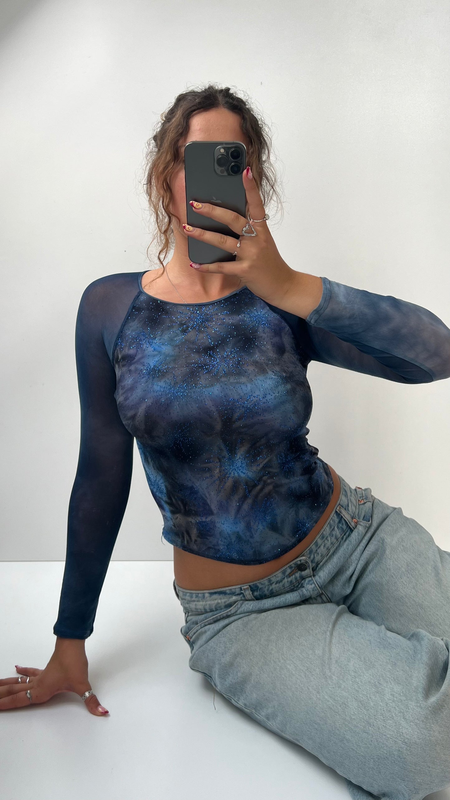 00s blue mesh long sleeve top- size S