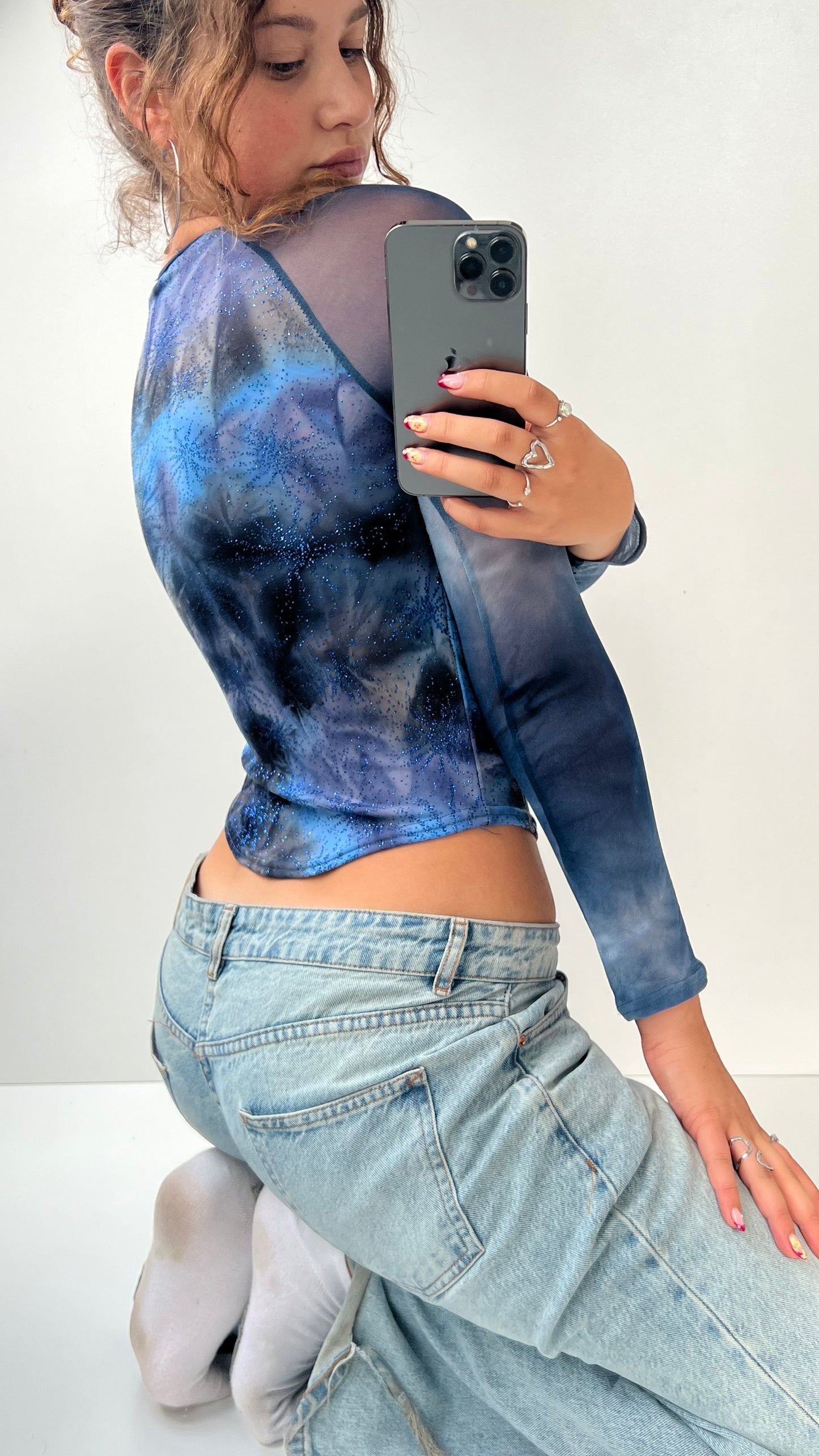 00s blue mesh long sleeve top- size S