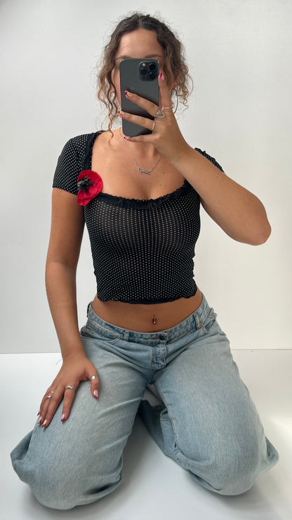 00s black polka dot babydoll top- size XS