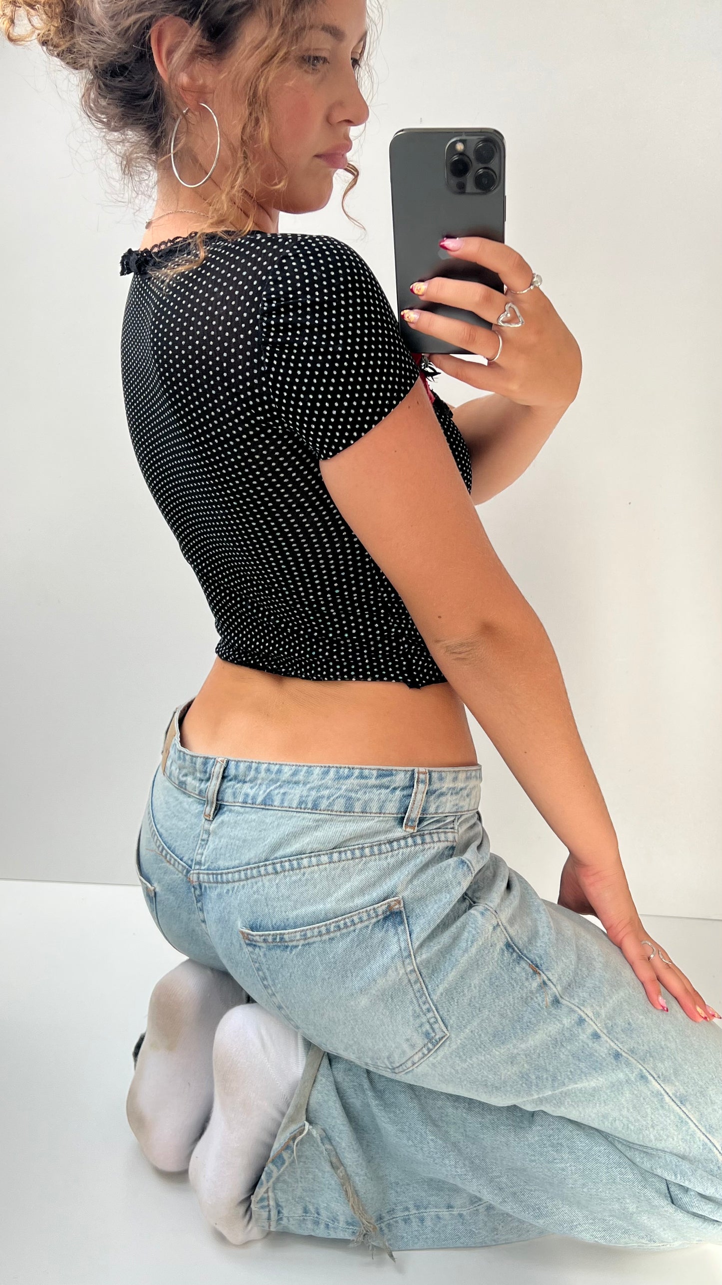 00s black polka dot babydoll top- size XS