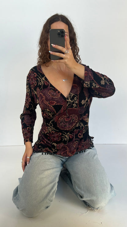 00s burgundy paisley top- size XL