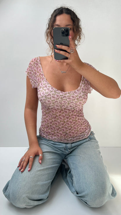 00s pink mesh floral top- size M