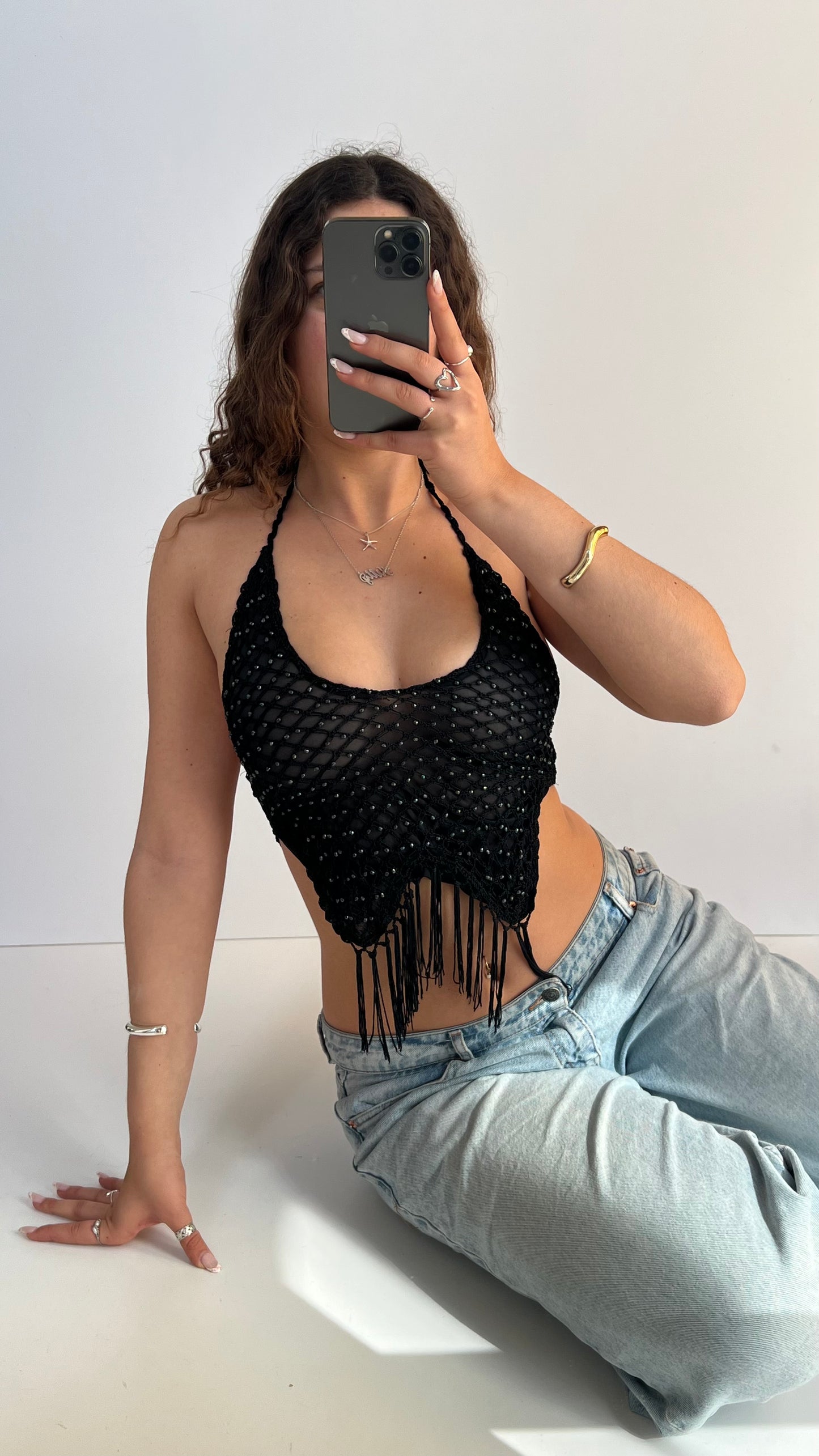 00s black backless crochet cami- size S