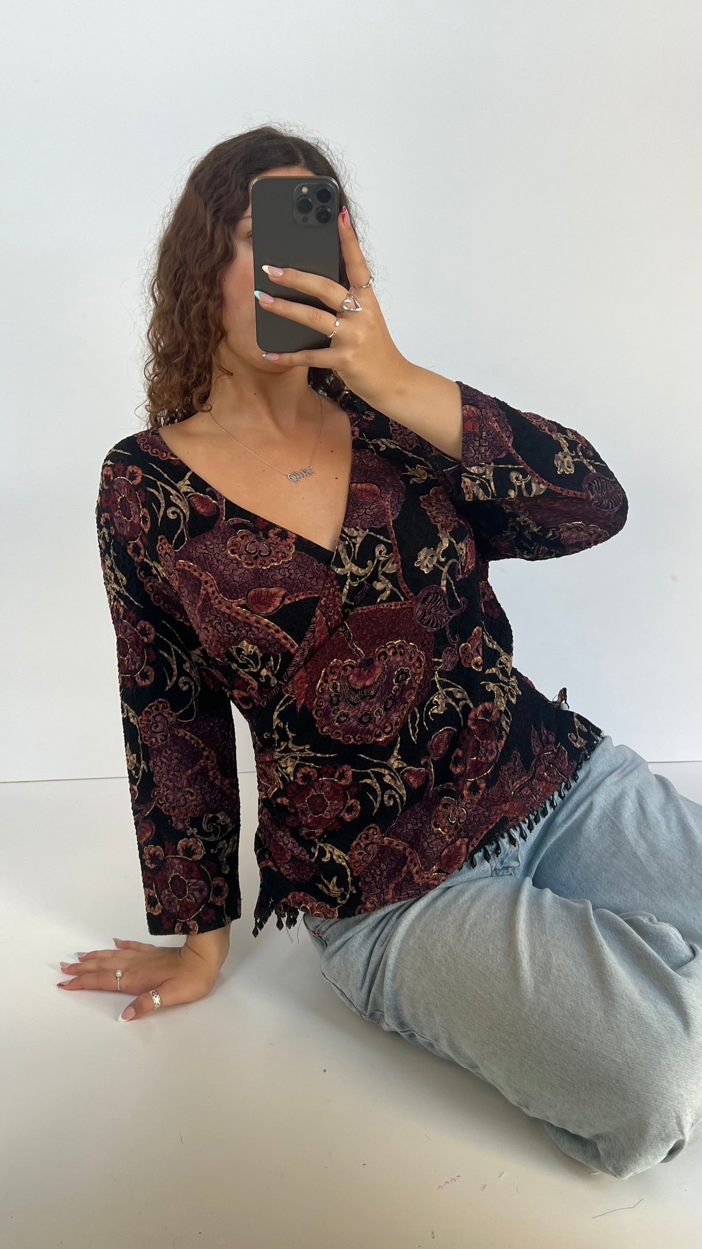 00s burgundy paisley top- size XL