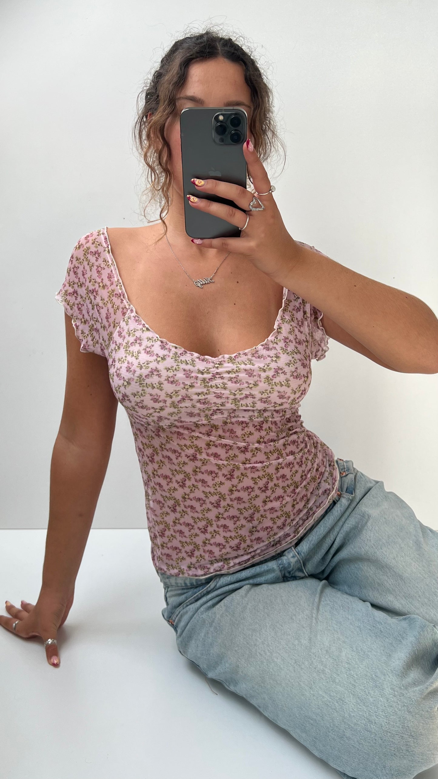 00s pink mesh floral top- size M