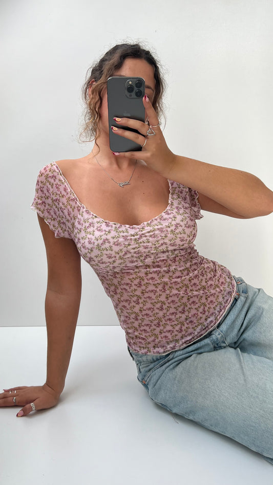 00s pink mesh floral top- size M