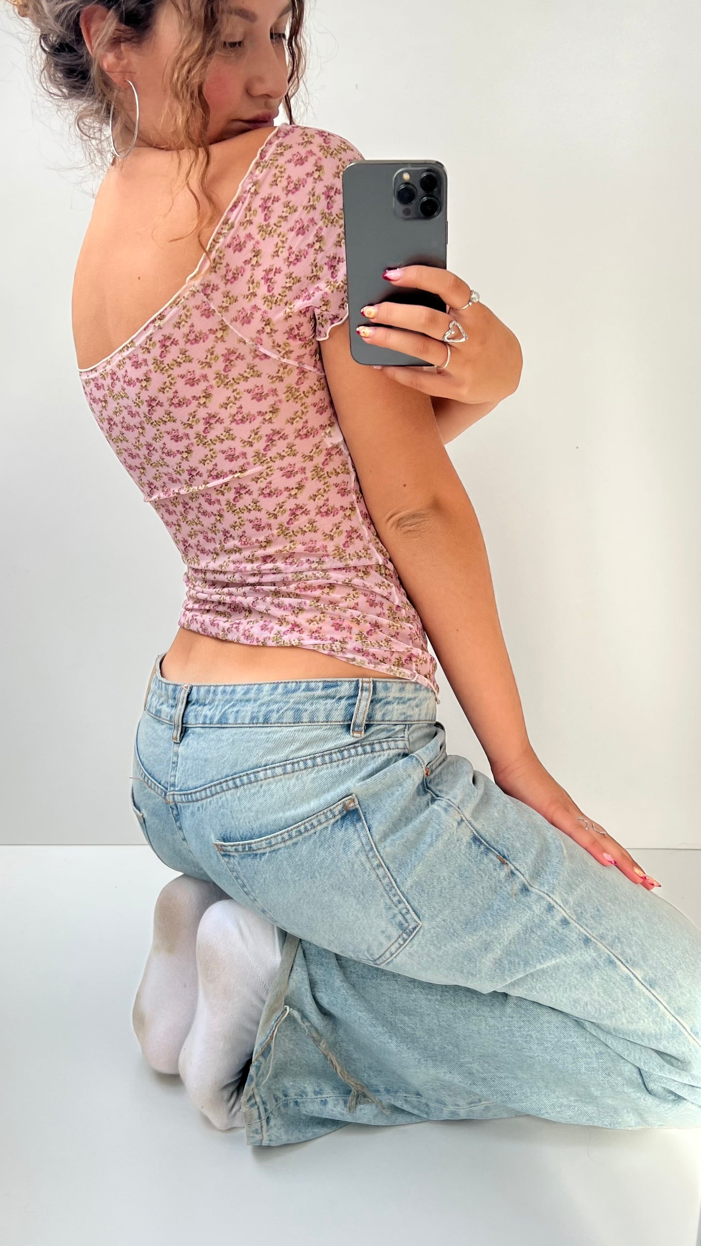 00s pink mesh floral top- size M