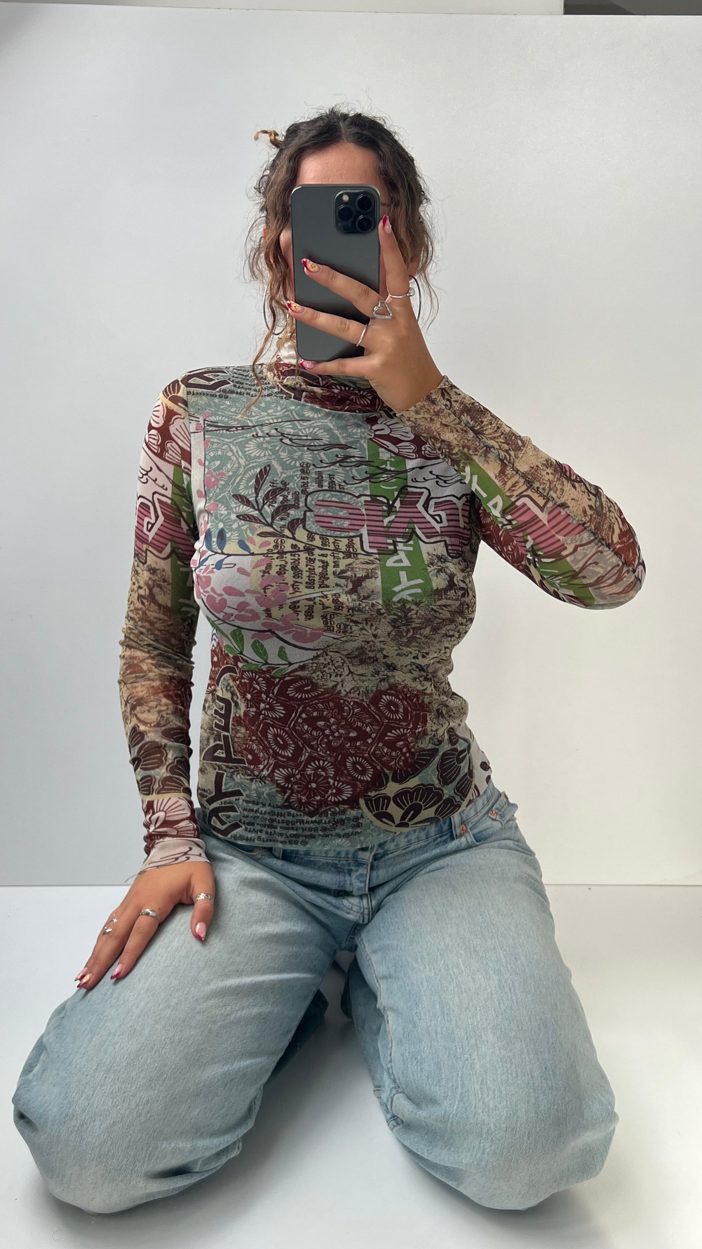 00s brown green graphic mesh long sleeve top- size S/M
