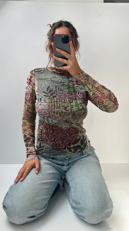 00s brown green graphic mesh long sleeve top- size S/M