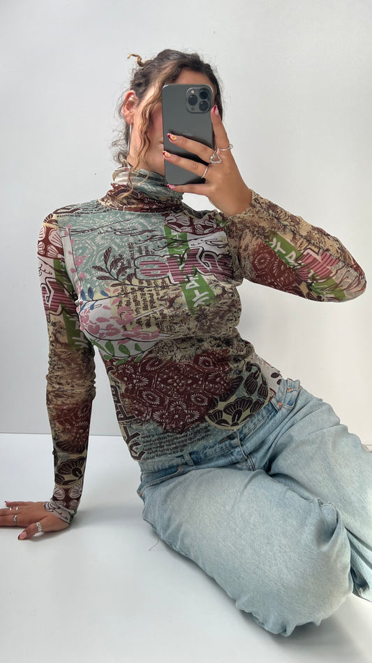 00s brown green graphic mesh long sleeve top- size S/M