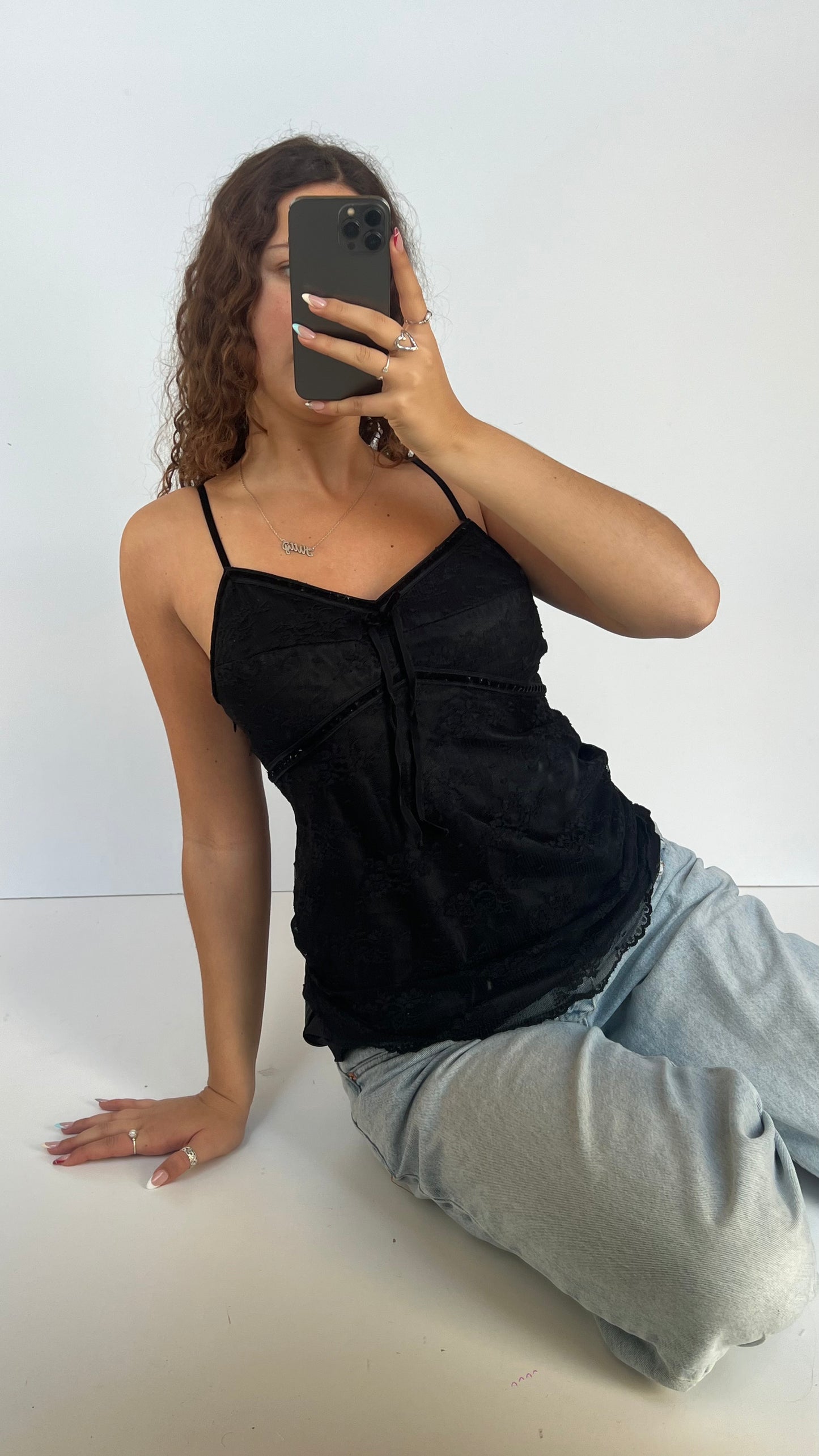 00s black lace velvet cami- size L