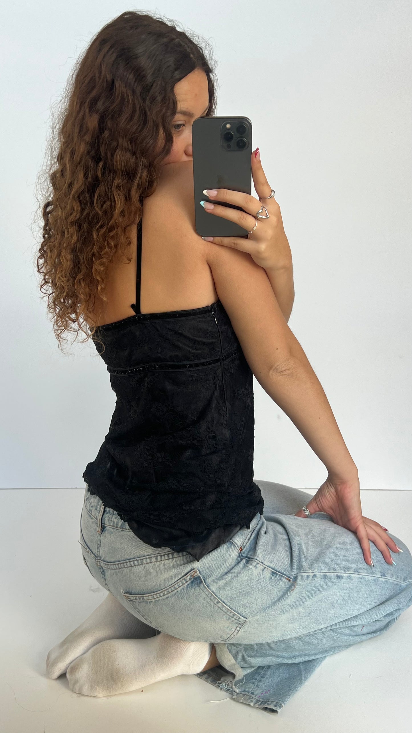 00s black lace velvet cami- size L